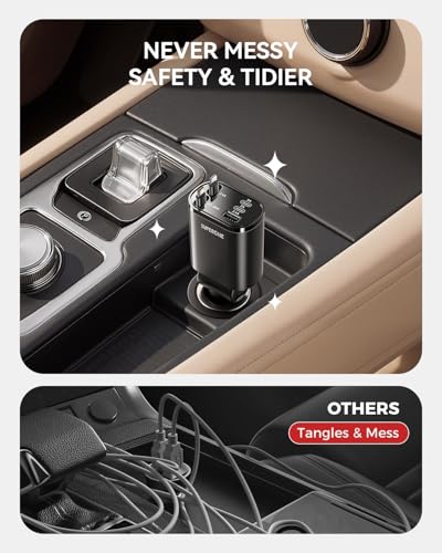 SUPERONE 90W Retractable Car Charger with Dual Cables Car Phone Charger - color: Black