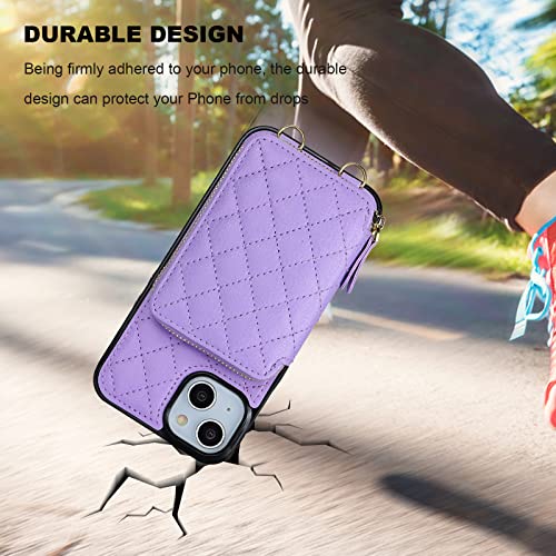 Bocasal Crossbody Wallet Case Card Holder for iPhone 13, Purple | RFID Blocking PU Leather Zipper Handbag Purse, Kickstand Flip Folio Case with Card Slots Holder Wrist Strap Lanyard 6.1 Inch - color: Purple