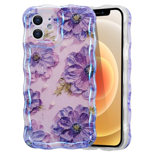 EYZUTAK Case for iPhone 11, Colorful Retro Oil Painting Flower, Purple | Laser Glossy Floral Pattern, Cute Curly Wave Edge, Exquisite Phone Cover, Stylish Durable TPU Protective Case for Girl Women - color: Purple, size: iPhone 11