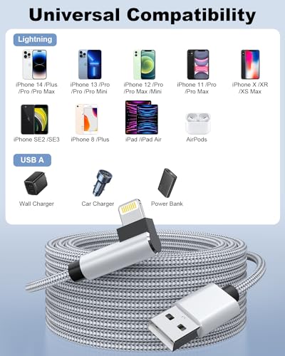 Phone Charger Cable 5M,[MFFi Certified] Right Angle 90 Degree Fast Charging Phone Cable Nylon PD Fast Charging Lightnning USB Compatible with Phone 14 13 12 11 Pro Max Mini XR XS X 8 7 6