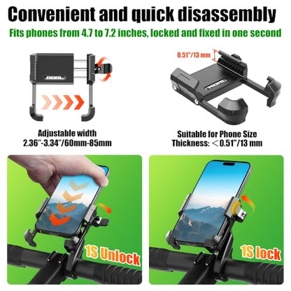 RBRL Bike Phone Mount,1s Quick-Lock Bicycle Handlebar Phone Holder,CNC Machined & Forged Aluminum for Ultimate Stability,Anti-Shake V-Shape Clamp for Ebike,No Camera Block,Fits 4.7–7.2" Phones - color: handlebar mount