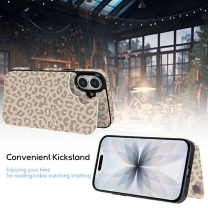 Compatible with iPhone 16 Case Wallet with Card Holder, Flip PU Leather Built-in Card Slots, Kickstand and Shockproof Case for iPhone 16 6.1 inch Women Men (Beige Leopard) - color: Beige Leopard, size: iPhone 16 6.1 inch