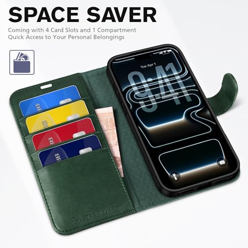 TUCCH Wallet Case for iPhone 17 Pro (6.3") 2025, 4 Card Holders, Evergreen | RFID Blocking, Viewing Stand, Shockproof TPU Shell, PU Leather, Magnetic Closure, Protective Folio Flip Cover - color: Evergreen