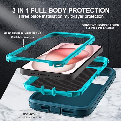 YKHJKLEC for iPhone 15 Case, Military Grade 3 in 1 Heavy Duty Shockproof/Drop Proof/Dust Proof Case with 2Pcs Tempered Glass Screen Protector (Blue/Turquoise) - color: Blue/Turquoise