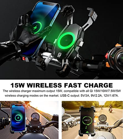 Kewig Motorcycle Phone Mount Qi 15W Wireless & USB C 20W Fast Charging Port