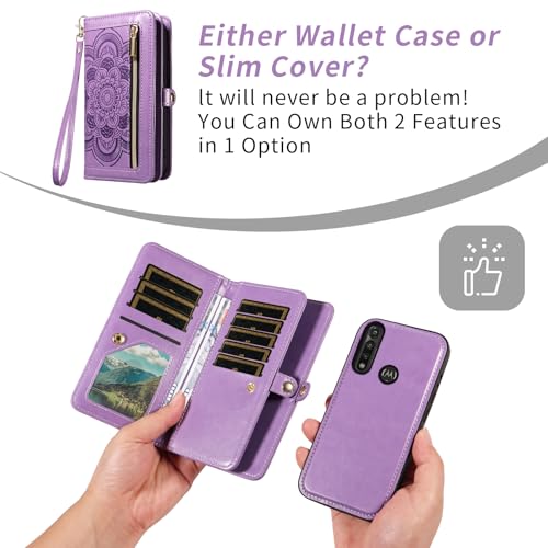 Asuwish Phone Case for Moto G Power 2020 Zipper Wallet Magnetic Detachable Cell Cover with Tempered Glass Screen Protector Crossbody Strap Mandala Flower Card Holder Motorola GPower Women Girls Purple