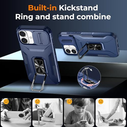 [2 Cases] Case for iPhone 16 (A - Blue) & iPhone 13/14 (Blue) with Slide Camera Cover + Screen Protector, Rotated Ring Kickstand Military Grade Shockproof