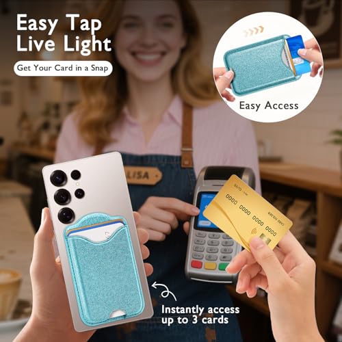 Fjcdslwx Compatible with Magsafe Wallet Magnetic Card Holder -Glitter Seablue Phone Wallet for Galaxy S25 Series,iPhone 17/16/15/14/13 Series for Women Teen Girls for Apple Mag RFID Magnet,Fit 3 Cards - color: Sea blue