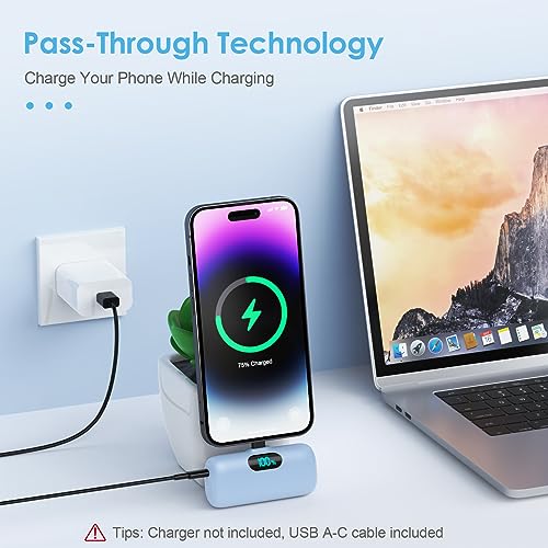 Mini Portable Charger USB C Power Bank,Upgraded 5000mAh PD Fast Charging Battery Pack Built-in USB-C Connector Travel Essential for iPhone17/17Pro/17Pro Max/Air/16 Plus/16Pro Max/15 Series,Android etc - color: Light Blue