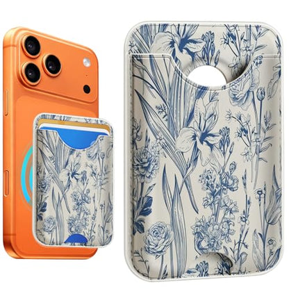 Compatible with Magsafe Wallet Magnetic Card Holder - Blue Flower Phone Wallets for Women Teen Girls Cute for iPhone 17/16/15/14/13/12 Series Slim for Apple Mag RFID Magnet,Fit 3 Cards - color: Blue Flower