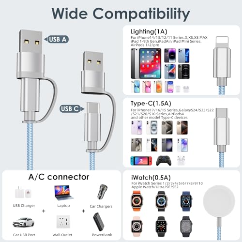 2Pack Travel Essentials,Multi Charging Cable for Apple Watch Charger Blue - color: Blue, size: 2Pack-4FT