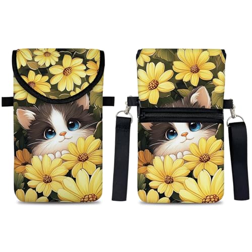 Neoprene Cell Phone Sleeve Pouch Case Bag with Crossbody Strap Neck Lanyard for Women 7.5 X 4.3 in Sunflower Cat - color: Sunflower Cat 1