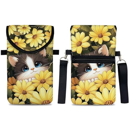 Neoprene Cell Phone Sleeve Pouch Case Bag with Crossbody Strap Neck Lanyard for Women 7.5 X 4.3 in Sunflower Cat - color: Sunflower Cat 1