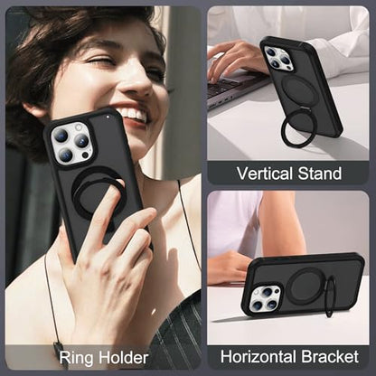 Compatible with iPhone 13 Pro Max Case with Magnetic Ring Stand [Compatible with Mag-Safe] [Built-in Screen Protector] Military-Grade Drop Protection Matte Translucent Phone Case, Black - color: Black, size: Iphone 13 Pro Max