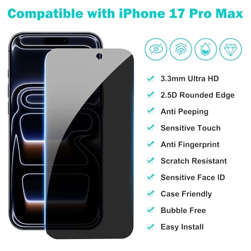 PEHAEL for iPhone 17 Pro Max Privacy Screen Protector+Camera Lens Protector | 3+3 Pack, Installation Frame, Cleaning kits, Anti-Spy Private, Anti-Scratch, 9H Tempered Glass, Case Friendly, [6.9 inch]