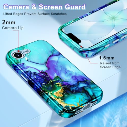 Btscase Compatible with iPhone 17e Case 6.1 Inch 2026,Marble Pattern 3 in 1 Heavy Duty Shockproof Full Body Rugged Hard PC+Soft Silicone Drop Protective Women Girl Phone Cases, Cyan - color: Cyan, size: iPhone 17e