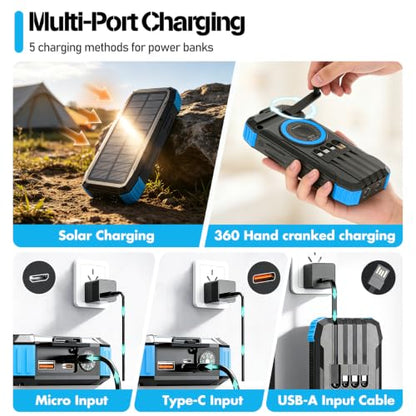 49800mAh Solar Power Bank with Hand Crank and 4 Cables, 3 in 1 Wireless Portable Charger with Camping Light & Compass, 25W Fast Charging USB C Battery for Camping Outdoor Emergency iPhone Android