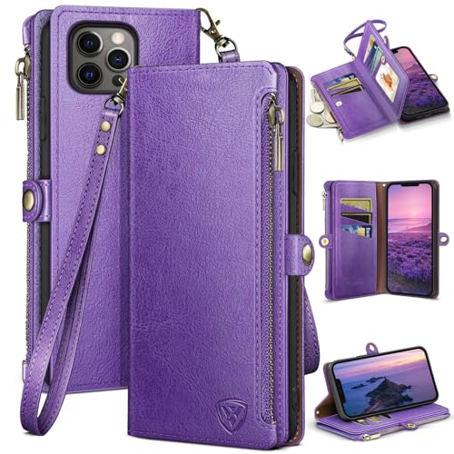 XcaseBar for iPhone 13 Pro 6.1" Wallet case with Zipper Credit Card Holder【RFID Blocking】, Flip Folio Book PU Leather Phone case Shockproof Cover Women Men for Apple 13 Pro case Purple - color: Purple