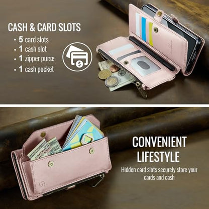 Strapurs Crossbody Wallet Case Compatible with Samsung Galaxy Z Fold 5 with RFID Blocking Card Holder & Pen Holder Slot Soft PU Leather Shoulder Strap Zipper Pocket Purse Fold 5 Phone Case, Rose Gold | RFID Blocking 5-Card Holder, Shoulder Lanyard, Wirst