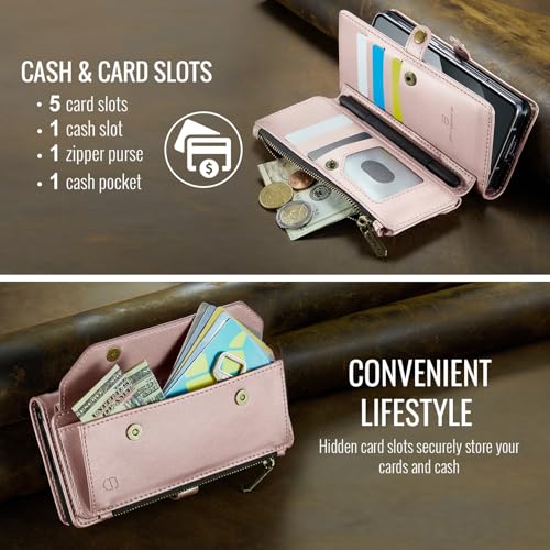 Strapurs Crossbody Wallet Case Compatible with Samsung Galaxy Z Fold 3 with RFID Blocking Card Holder & Pen Holder Slot Soft PU Leather Shoulder Strap Zipper Pocket Purse Fold 3 Phone Case, Rose Gold | RFID Blocking 5-Card Holder, Shoulder Lanyard, Wirst