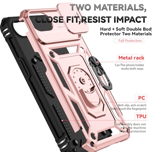 for iPhone 17E / iPhone 16E Case, with Camera Lens Cover HD Screen Protector, Dual Layer Military-Grade Drop Tested Magnetic Ring Holder Kickstand Protective Phone Case for iPhone 16E /17E (Rose Gold) - color: Rose Gold with camera cover Military-Grade 2n