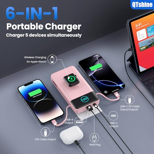 Portable Charger for iPhone, 40800mAh Power Bank with Built-in Cables & AC Wall Plug, 5 Outputs USB C Fast Charging External Battery Pack for iPhone 17/16/15/14, Android, Travel Essential (Pink) - color: Pink