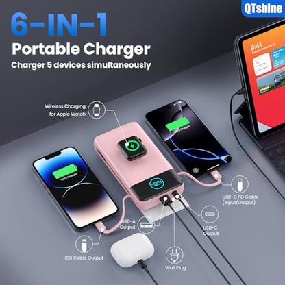 Portable Charger for iPhone, 40800mAh Power Bank with Built-in Cables & AC Wall Plug, 5 Outputs USB C Fast Charging External Battery Pack for iPhone 17/16/15/14, Android, Travel Essential (Pink) - color: Pink