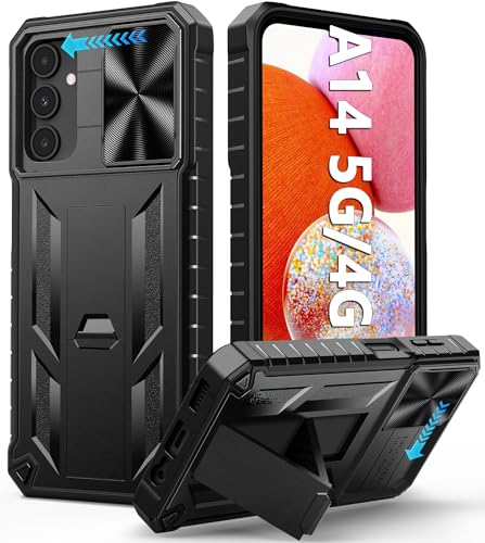 FNTCASE for Samsung Galaxy A14-5G Phone Case with Slide Camera Cover Black | Built in Kickstand, Military Grade Dropproof Protection, Heavy Duty Rugged Phonecase, Outdoor Protection - color: Black, size: for Galaxy A14 6.6 inch