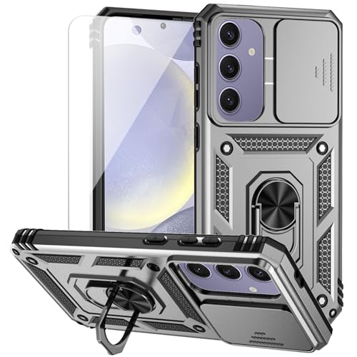 for Samsung Galaxy S24 FE Case with Camera Lens Cover HD Screen Protector, Dual Layer Military-Grade Drop Tested Magnetic Ring Holder Kickstand Protective Phone Case for Galaxy S24 FE (Silver) - color: Silver with camera cover Military-Grade 2nd gen