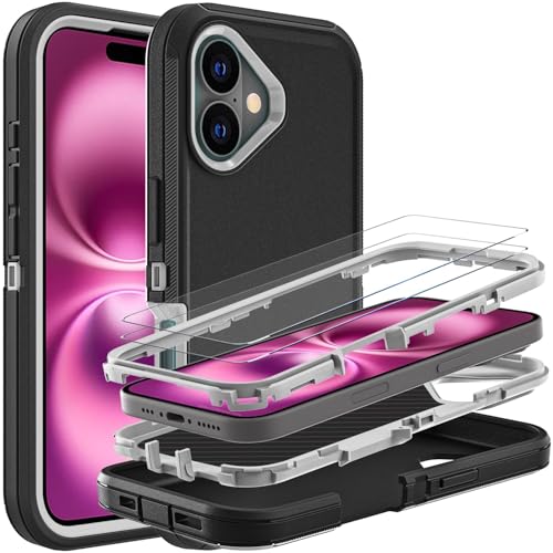 YKHJKLEC for iPhone 16 Plus Case, Military Grade 3 in 1 Heavy Duty Shockproof/Drop Proof/Dust Proof Case with 2Pcs Tempered Glass Screen Protector (Black/Grey) - color: Black/Grey