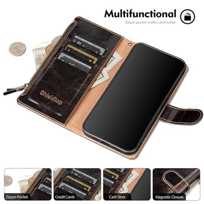 Shieldtop Compatible with Samsung Galaxy A37 5G Wallet Case with Card Holder,PU Leather Phone Case Flip Protective Cover Wrist Strap Zipper Credit Card Slots RFID Blocking Women Men,Coffee - color: Coffee