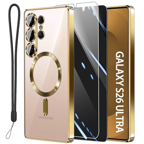 Magnetic for Samsung Galaxy S26 Ultra Case with 2X Screen Protector & Full Camera Cover [Fit for MagSafe] Metal Glossy Soft Shockproof Clear Case for Galaxy S26 Ultra Girl Women-Glod - color: Gold, size: for Samsung Galaxy S26 Ultra