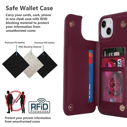iCoverCase Compatible with iPhone 14 Plus Phone Case with Card Holder, Wallet Case for Women Men RFID Blocking PU Leather Protective Case 6.7 Inch (Wine Red) - color: Wine Red