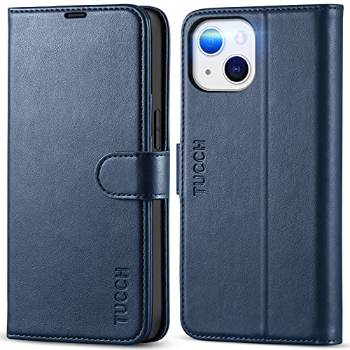 TUCCH Wallet Case for iPhone 13 (6.1") 2021, 3 Card Slots, Dark Blue | RFID Blocking, Viewing Stand, Shockproof TPU Shell, PU Leather, Magnetic Closure, Protective Folio Flip Cover - color: Blue (Dark Blue)