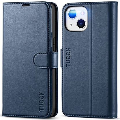 TUCCH Wallet Case for iPhone 13 (6.1") 2021, 3 Card Slots, Dark Blue | RFID Blocking, Viewing Stand, Shockproof TPU Shell, PU Leather, Magnetic Closure, Protective Folio Flip Cover - color: Blue (Dark Blue)
