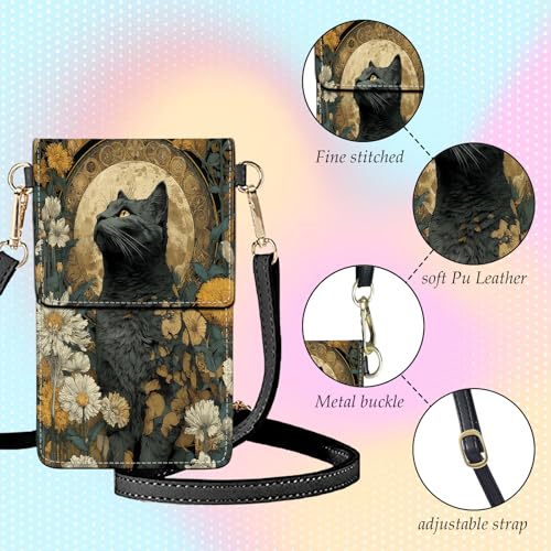 Small Crossbody Bags for Women Touchscreen Cell Phone Bag Cross Body Purses with adjustable Strap,Gifts For Teenage Girls-Black Cat Halo Floral