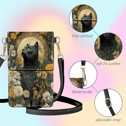 Small Crossbody Bags for Women Touchscreen Cell Phone Bag Cross Body Purses with adjustable Strap,Gifts For Teenage Girls-Black Cat Halo Floral