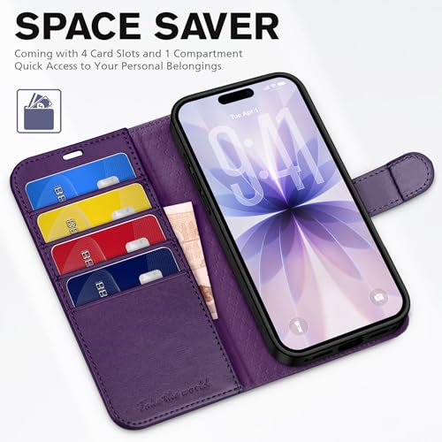 TUCCH Wallet Case for iPhone 17 (6.3") 2025, 4 Card Holders, Deep Purple | RFID Blocking, Viewing Stand, Shockproof TPU Shell, PU Leather, Magnetic Closure, Protective Folio Flip Cover - color: Deep Purple