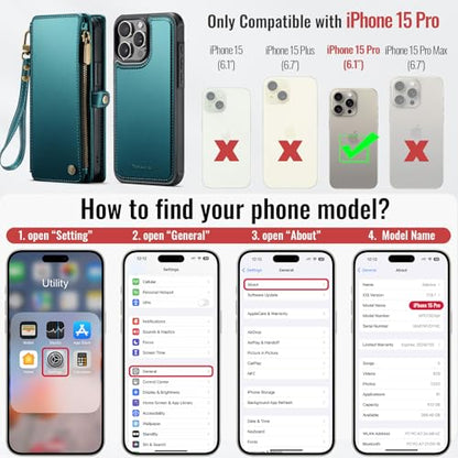 Defencase for iPhone 15 Pro Case Wallet Compatible with Magsafe, Blue Green | Drop-Proof Magnetic Detachable Phone Cases Cover, with RFID Bolcking Card Holder, Zipper Strap, PU Leather, Removable Wallet - color: (Detachable with Magsafe)-Blue Green