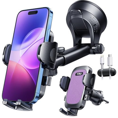 YRU True Military-Grade [360° Rotation Suction] 2026 Ultimate Car Phone Holder Mount 【90+LBS Safest Strongest & Patent Certs】 Dashboard Windshield Vent for iPhone 18 Pro Max Samsung Webcam, Purple - color: Purple