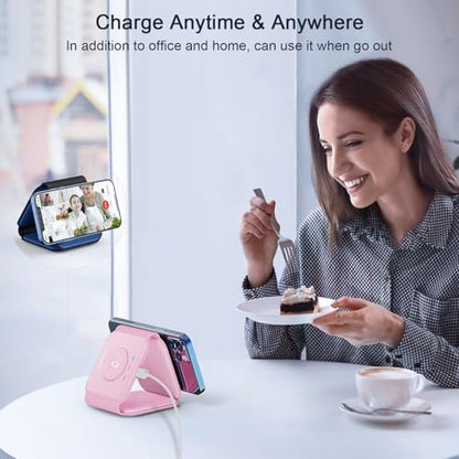 3 in 1 Wireless Charging Station for Apple,Foldable Magnetic Travel Charger - color: deep pink