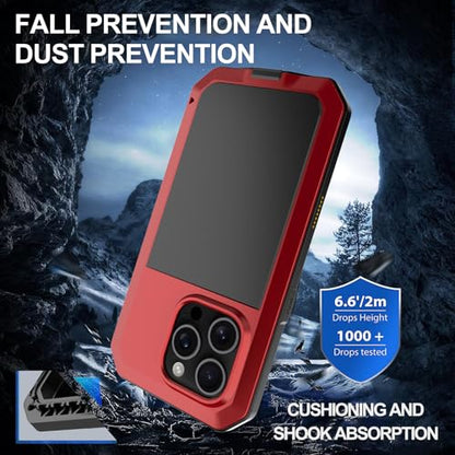 for iPhone 16 Pro Max Metal Case 6.9",Heavy Duty Shockproof Aluminum Alloy Tough Armour Military Phone Case,360 Full Body Protective Cover with Silicone Built-in Screen Protector - Red - color: Red