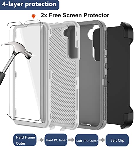 for Samsung Galaxy S22 Case with Belt Clip Holster, 2X Screen Protector, Military Grade Protection Heavy Duty Full Body Shockproof Dust-Proof Rugged Protective Cover for Samsung S22 5G (Gray White B) - color: Grey White-B