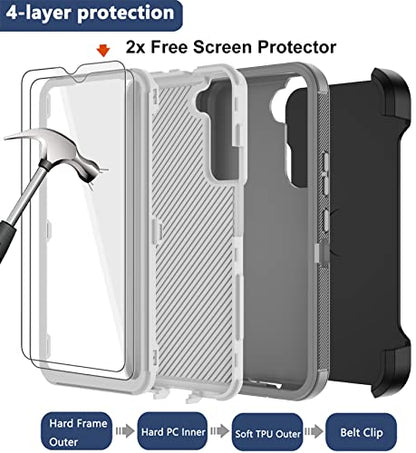 for Samsung Galaxy S22 Case with Belt Clip Holster, 2X Screen Protector, Military Grade Protection Heavy Duty Full Body Shockproof Dust-Proof Rugged Protective Cover for Samsung S22 5G (Gray White B) - color: Grey White-B