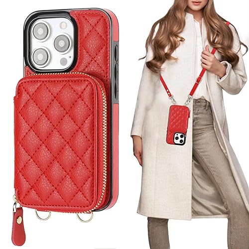 Bocasal Crossbody Wallet Case Card Holder for iPhone 15 Pro, Red | RFID Blocking PU Leather Zipper Handbag Purse, Kickstand Flip Folio Case with Card Slots Holder Wrist Strap Lanyard 6.1 Inch - color: Red