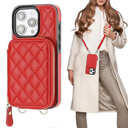 Bocasal Crossbody Wallet Case Card Holder for iPhone 15 Pro, Red | RFID Blocking PU Leather Zipper Handbag Purse, Kickstand Flip Folio Case with Card Slots Holder Wrist Strap Lanyard 6.1 Inch - color: Red
