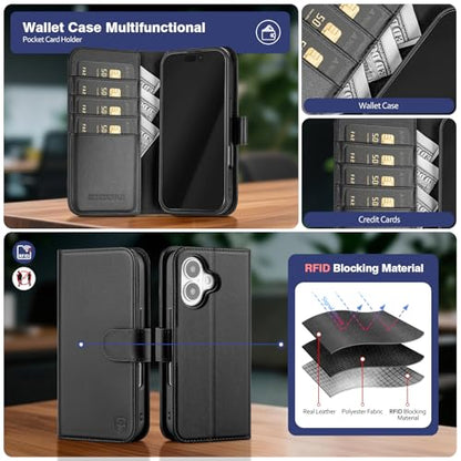 Magnetic 2 in 1 Detachable Compatible with Magsafe iPhone 16 Genuine Wallet Case with Card Holder,Women Men Real Leather Flip RFID Blocking Credit Card Slots Stand Phone Cover,Black - color: Black, size: iPhone 16 - 6.1"