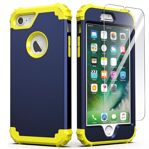 IDweel for iPhone 8 Case & for iPhone 7 Case with Screen Protector,3 in 1 Shockproof Hybrid Heavy Duty Hard PC Cover Soft Silicone Sturdy Bumper Full Body Sturdy Case, Navy Blue/Yellow - color: Navy Blue/Yellow