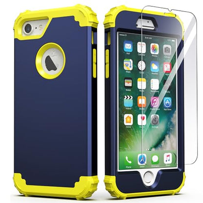IDweel for iPhone 8 Case & for iPhone 7 Case with Screen Protector,3 in 1 Shockproof Hybrid Heavy Duty Hard PC Cover Soft Silicone Sturdy Bumper Full Body Sturdy Case, Navy Blue/Yellow - color: Navy Blue/Yellow