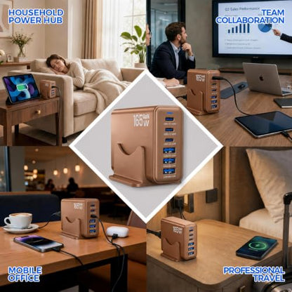 165W GaN Charging Station, 6-Port Desk Charging Station, Brown - color: Brown